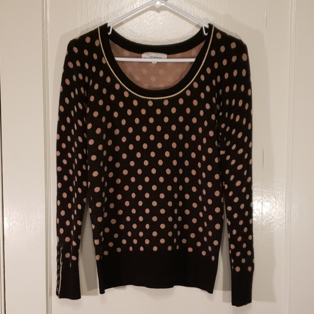 Brown sweater with taupe polka dots
